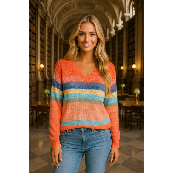 Kion D Los Angeles V Neck Knit Sweater Striped M Cozy Coral Peach Preppy Atrsy - Picture 1 of 5